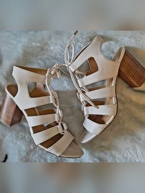 Coach Women's Cream Lace-Up Strappy Block Heel Sandals